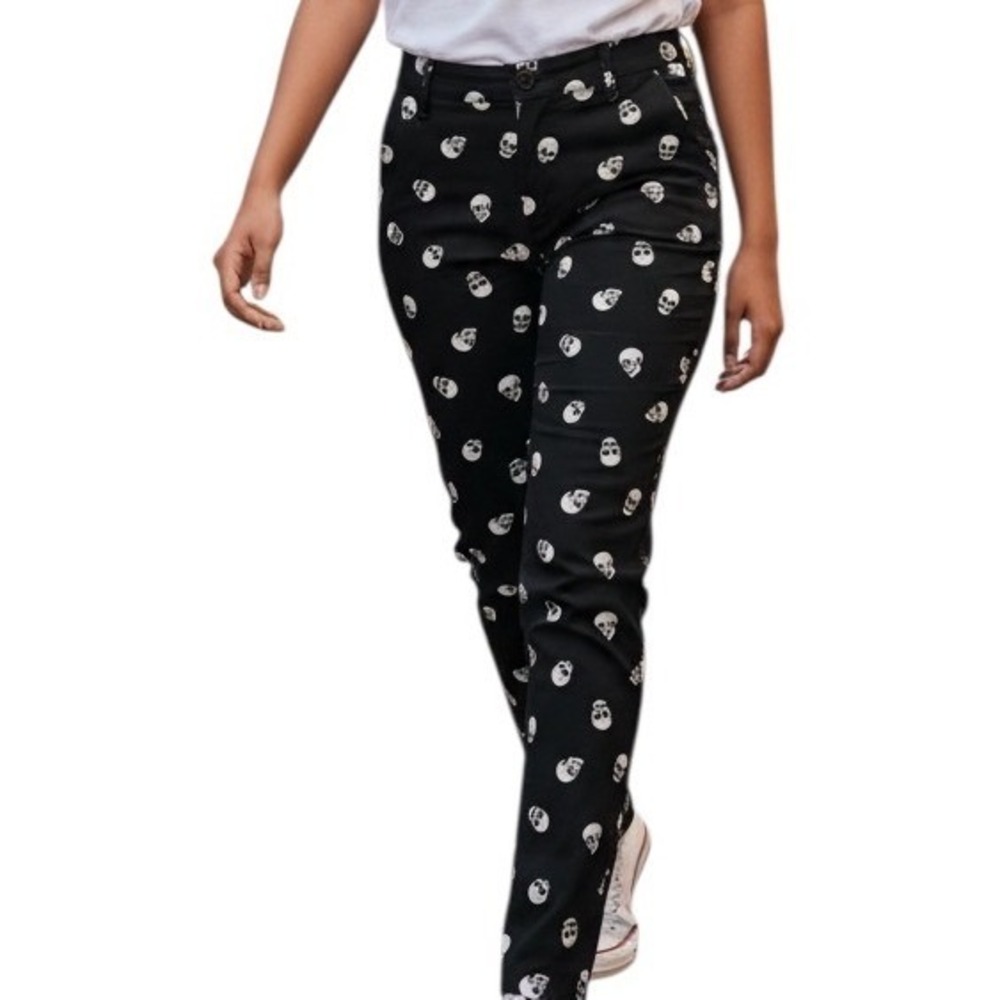 HOT TOPIC Black White Skull Print Tapered Alternative Goth Pants Small‎